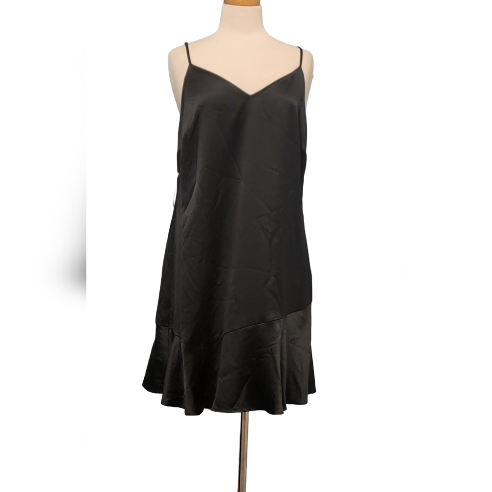 Bar III Black Ruffle Spaghetti Strap Chemise Zip Slip Dress